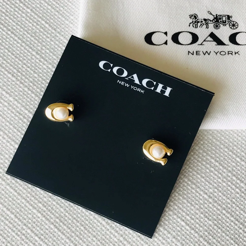 Coach Faux Pearl Gold C Stud Earrings, NWT - Picture 10 of 14